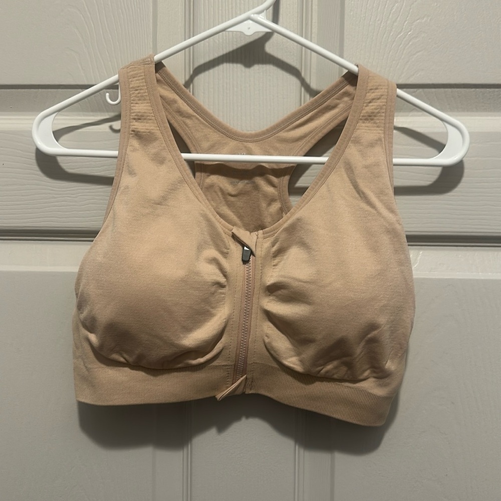 Tan/neutral zipper-front sports bra